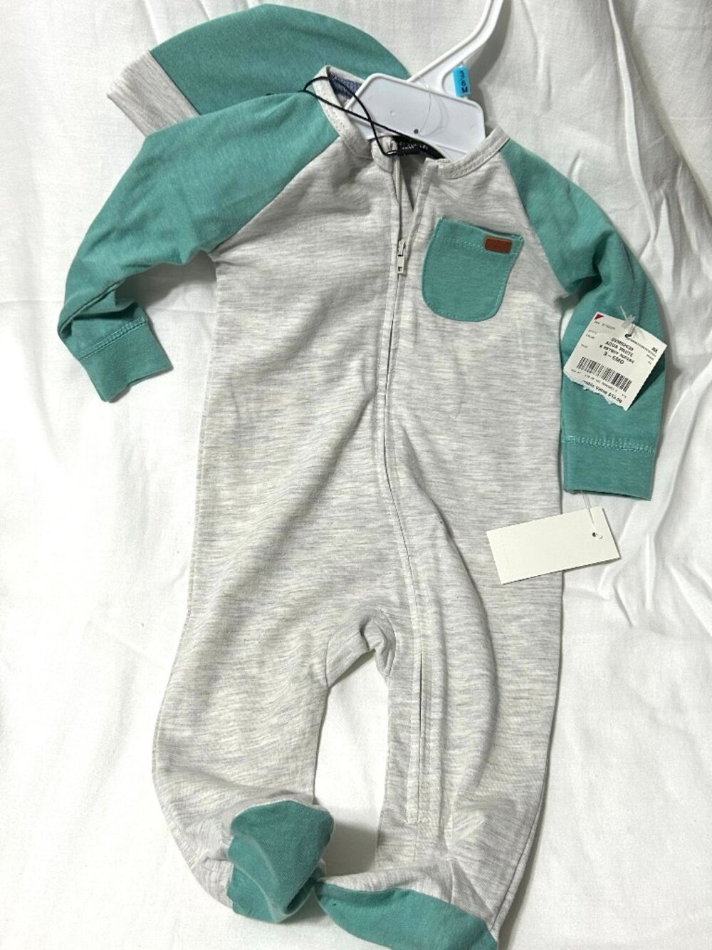 3-6 Month Teal and Gray 2-piece long-sleeve pajama sleeper and hat NWT